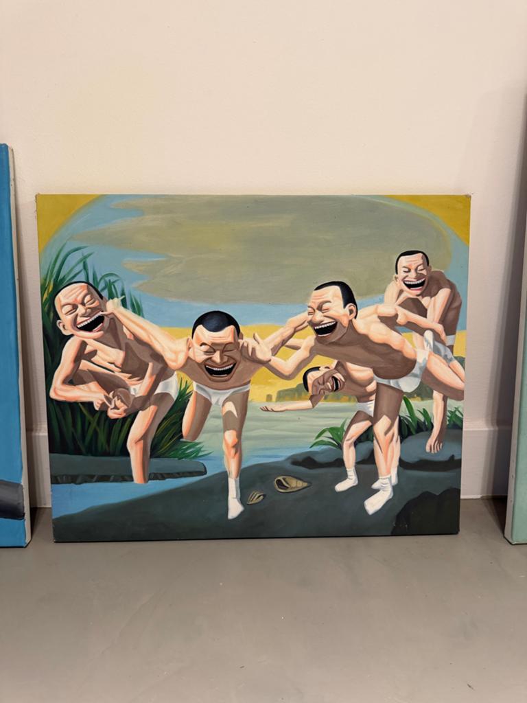 Canvas 56x46 cm - Stijl van Yue Minjun, Ophalen