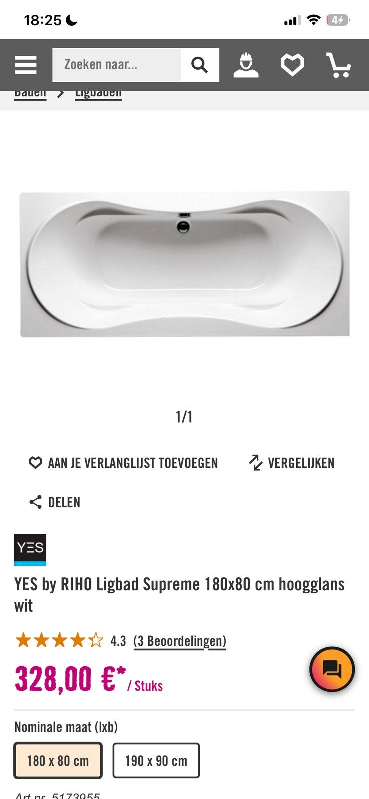 Riho Supreme 180x80 Wit Glanzend Bad, Ophalen, Nieuw, Met bad