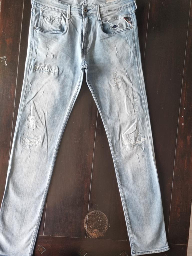 REPLAY ANBASS SLIM SKINNY STRETCH SUPERDESTROY JEANS 33/34, Blauw, REPLAY, Ophalen of Verzenden, Zo goed als nieuw