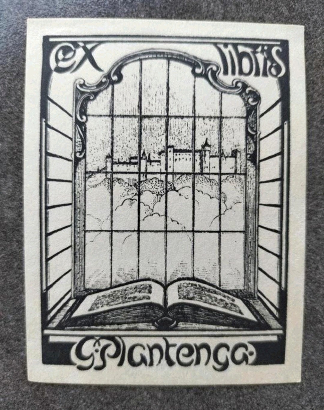 Exlibris G. Plantenga (venster, luchtkasteel, boek), Antiek en Kunst, Origineel, 1900 - 1949, Ex libris, Ophalen of Verzenden