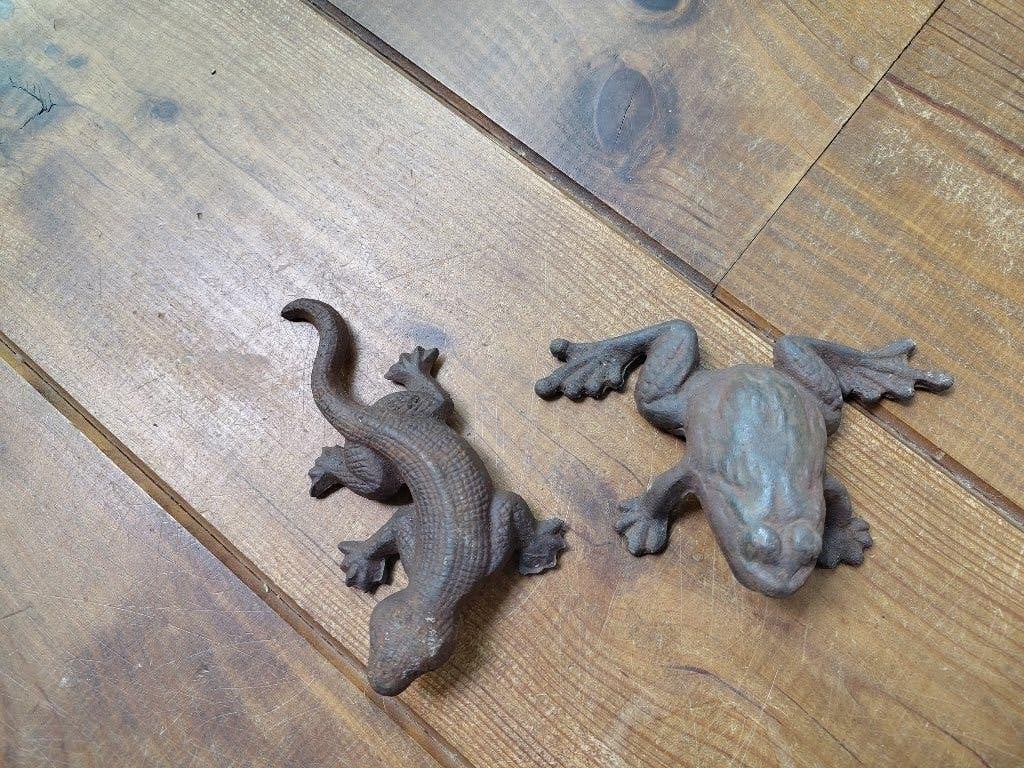 Metalen roestkleurige kikker en salamander, Ophalen of Verzenden, Metaal, Bruin, Gebruikt