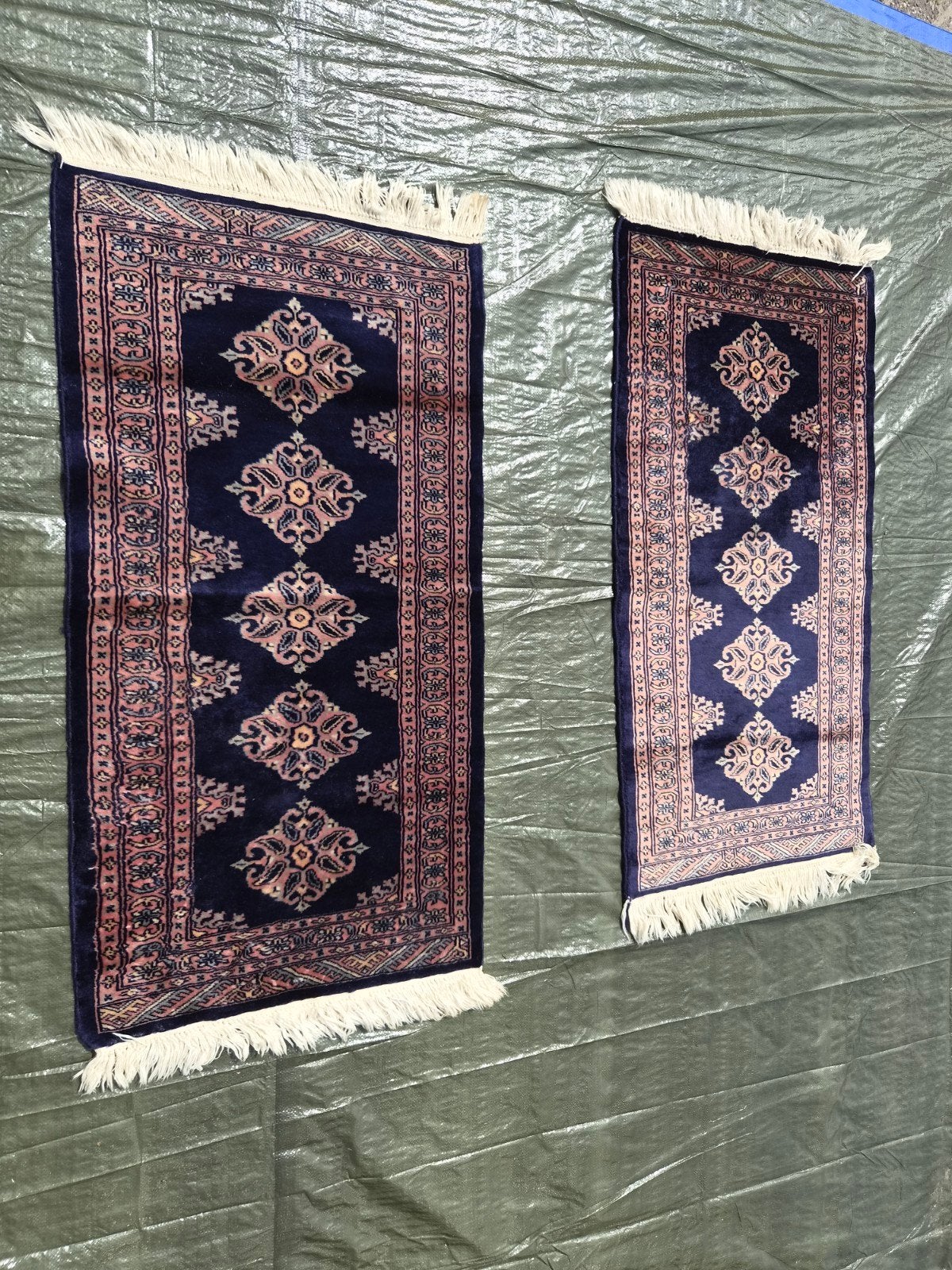 2 handgeknoopte Bouchara tapijten, 121 x 63 cm, Gebruikt, 100 tot 150 cm, Blauw, Oosters, Traditioneel