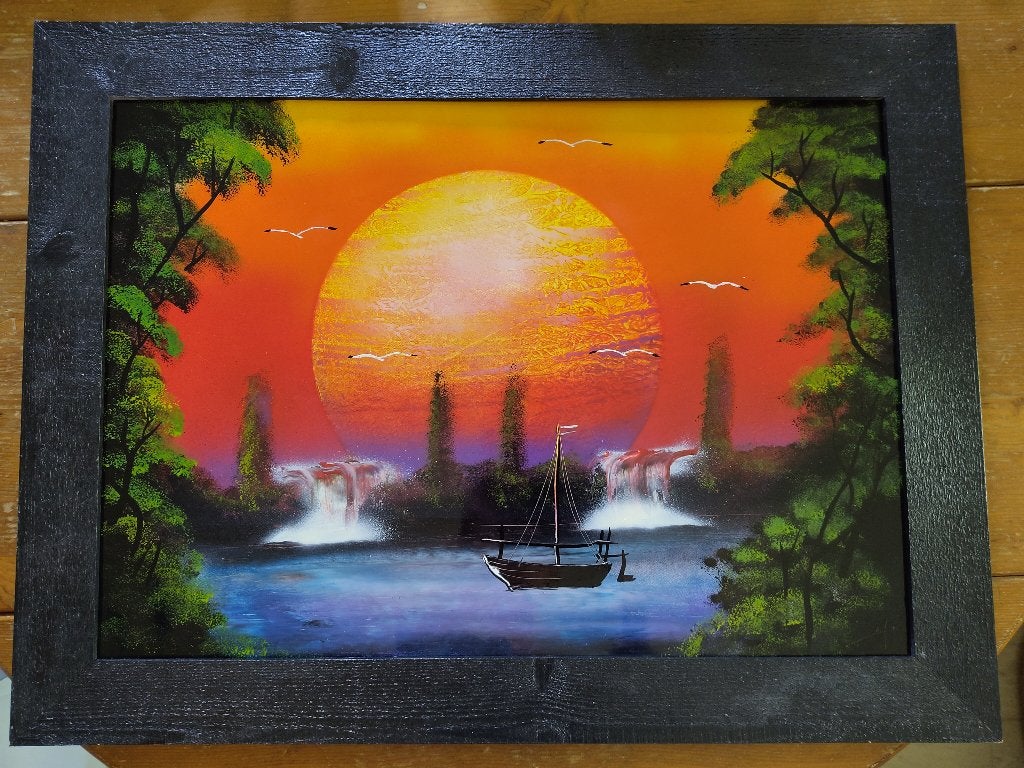 Groot Cubaans Schilderij 83x63 cm (Zonsondergang), Ophalen, 50 – 75, Zo goed als nieuw, Schilderij