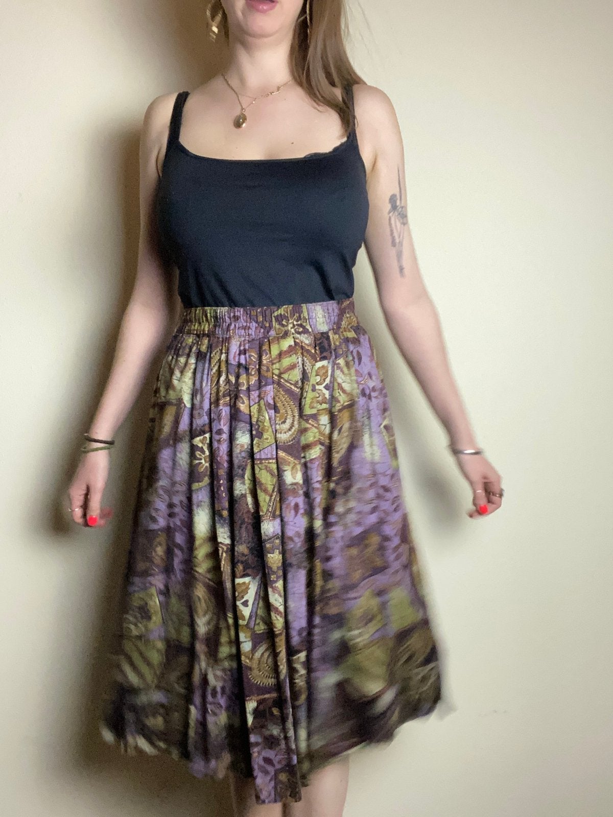Vintage rok - print - 80’s - paars / groen - viscose - S/M, Maat 38/40 (M), Hgv, Hgv, Ophalen of Verzenden