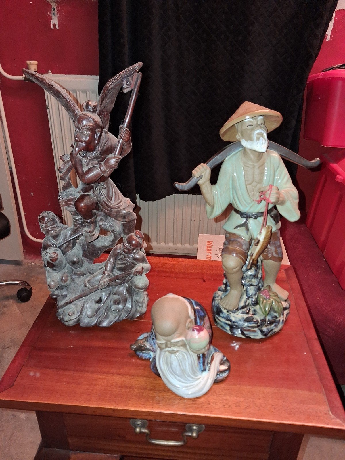 Set van 3 Aziatische beelden: Houtsnijwerk en Keramiek, Ophalen, Handgemaakt, 20 - 50 cm, Beeld