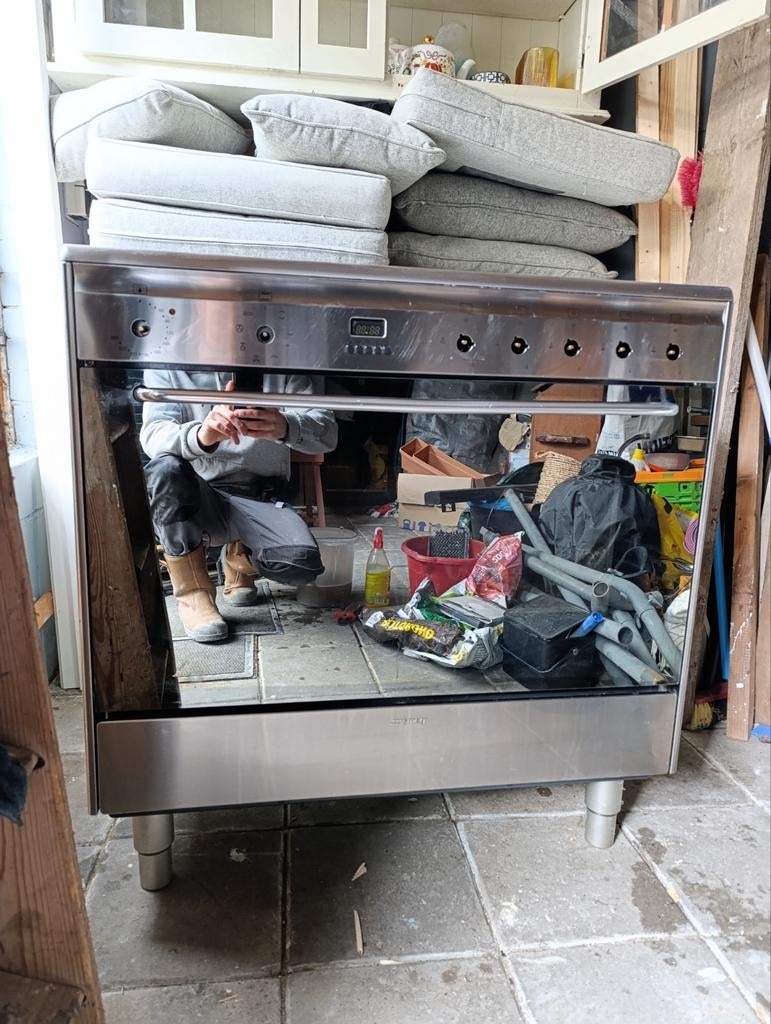 Smeg Fornuis met Oven - Vrijstaand, RVS 90cm 5 pits bakplaat, Gebruikt, 60 cm of meer, Grill, Vrijstaand