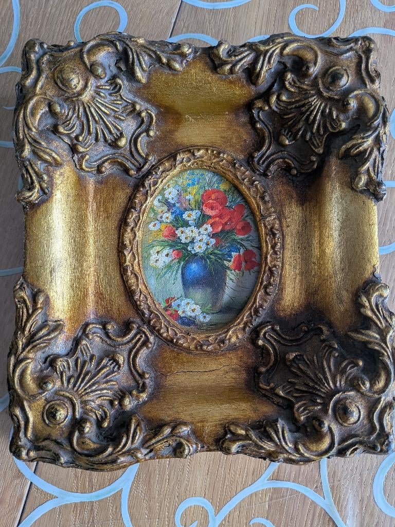 Antieke houten schilderijtje met lijst. Vraagprijs €35,00, Ophalen