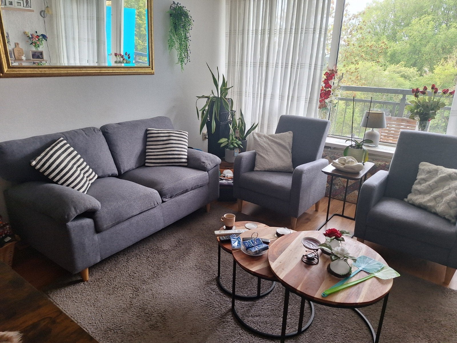2 fauteuils en een tweezitsbankje - Grijs, Ophalen, Gebruikt, 75 tot 100 cm, Stof
