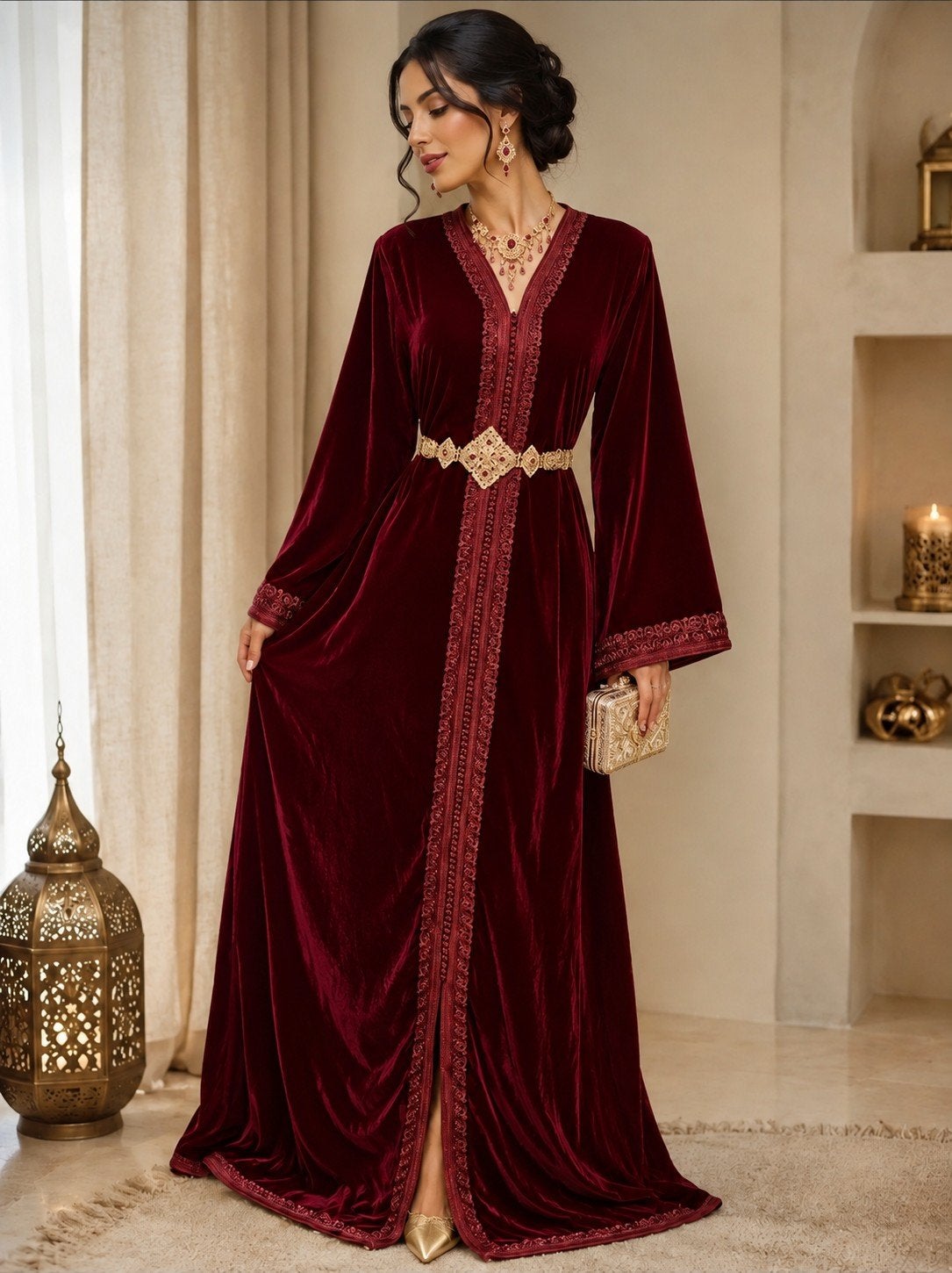 Fluwelen bordeaux kaftan, Maat 38/40 (M), Nieuw, Ophalen of Verzenden, Onbekend