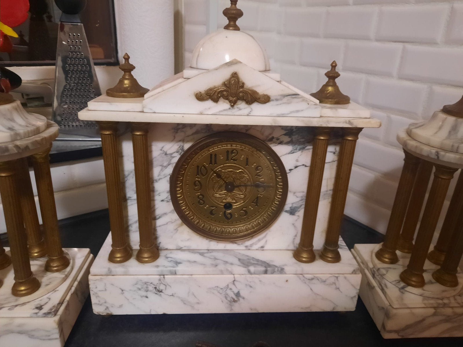 Antieke Marmeren Schouwklok met Kandelaars, Antiek en Kunst, Ophalen of Verzenden