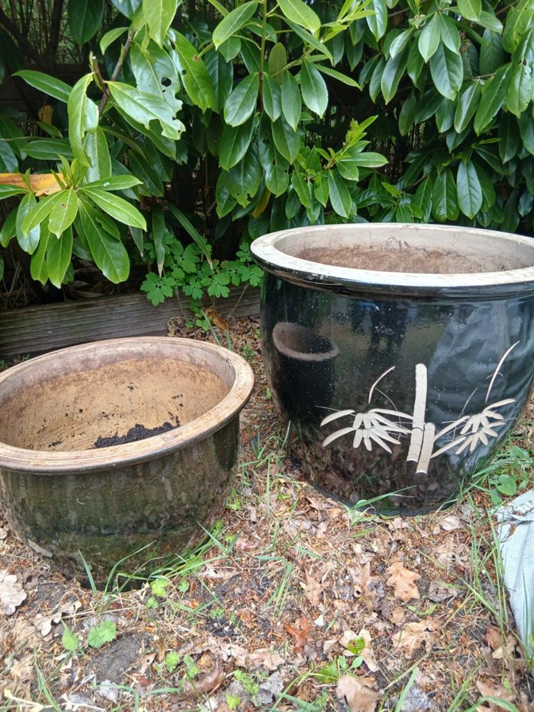 2x mooie glazuurde grote buitenpotten, Tuin en Terras, Bloempotten, Ophalen, Rond, Overige materialen, Minder dan 25 cm