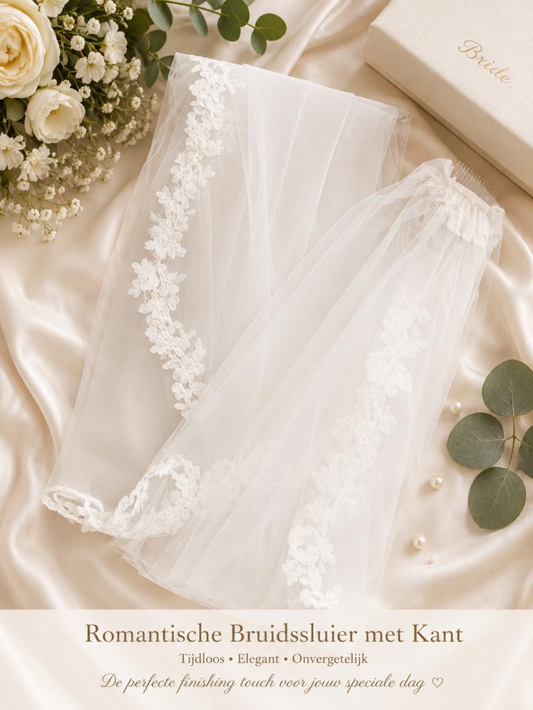 Romantische Bruidssluier met Kant, Ophalen of Verzenden, Nieuw, Wit, Accessoires