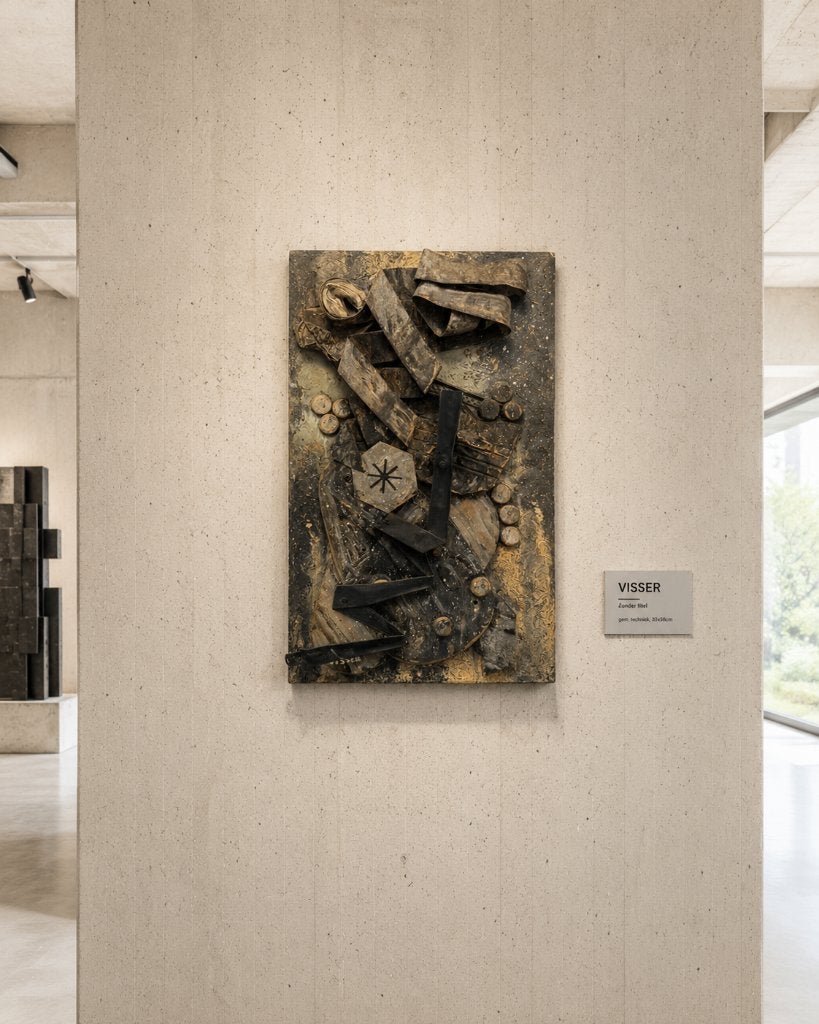 Assemblage / reliëf "Visser" – brutalistische wandsculptuur, Antiek en Kunst, Kunst | Schilderijen | Abstract, Ophalen