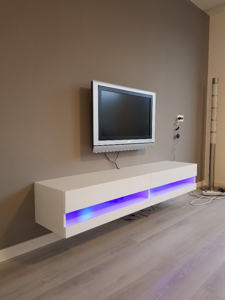VOORRAAD Zwevend tv-meubel Mat wit / Hoogglans wit NIEUW, Zwevend, mat, hoogglans, verlichting, modern, design, 150 tot 200 cm