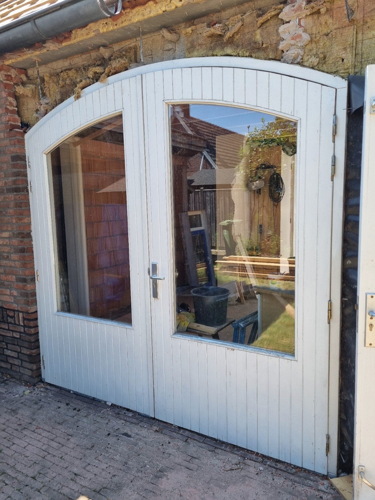 Kozijn: houten terrasdeuren met dubbelglas - 2.50 x 2.50m, Doe-het-zelf en Verbouw, Deuren en Horren, Ophalen, Gebruikt, Buitendeur