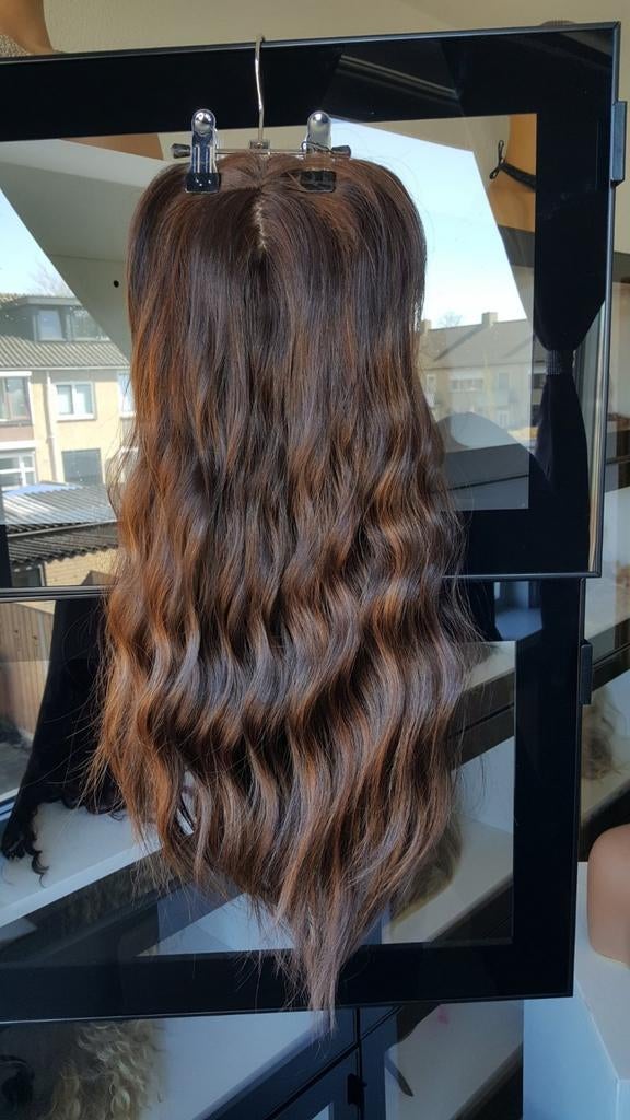 HaarTopper: #12 - Donker Bruin/Licht Bruin - Wavy - 50/55cm, Ophalen of Verzenden, Nieuw, Pruik of Haarverlenging
