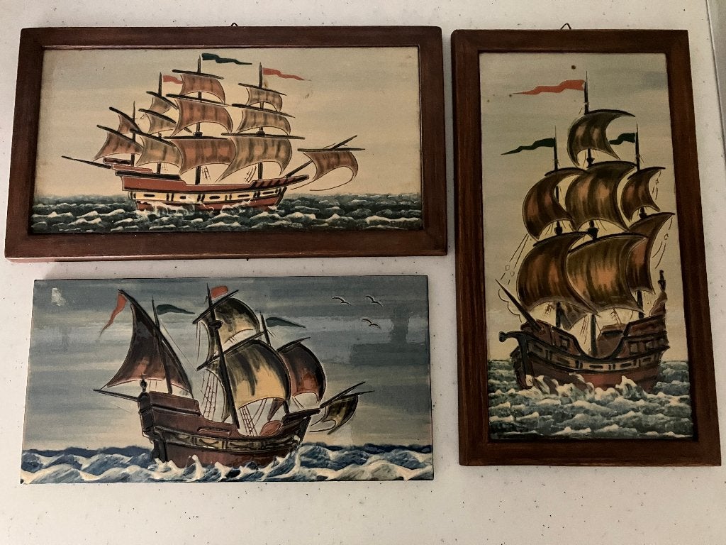 3 Vintage Portugese tegels 28 x 14 cm. met afb.3-mast schip., Ophalen of Verzenden