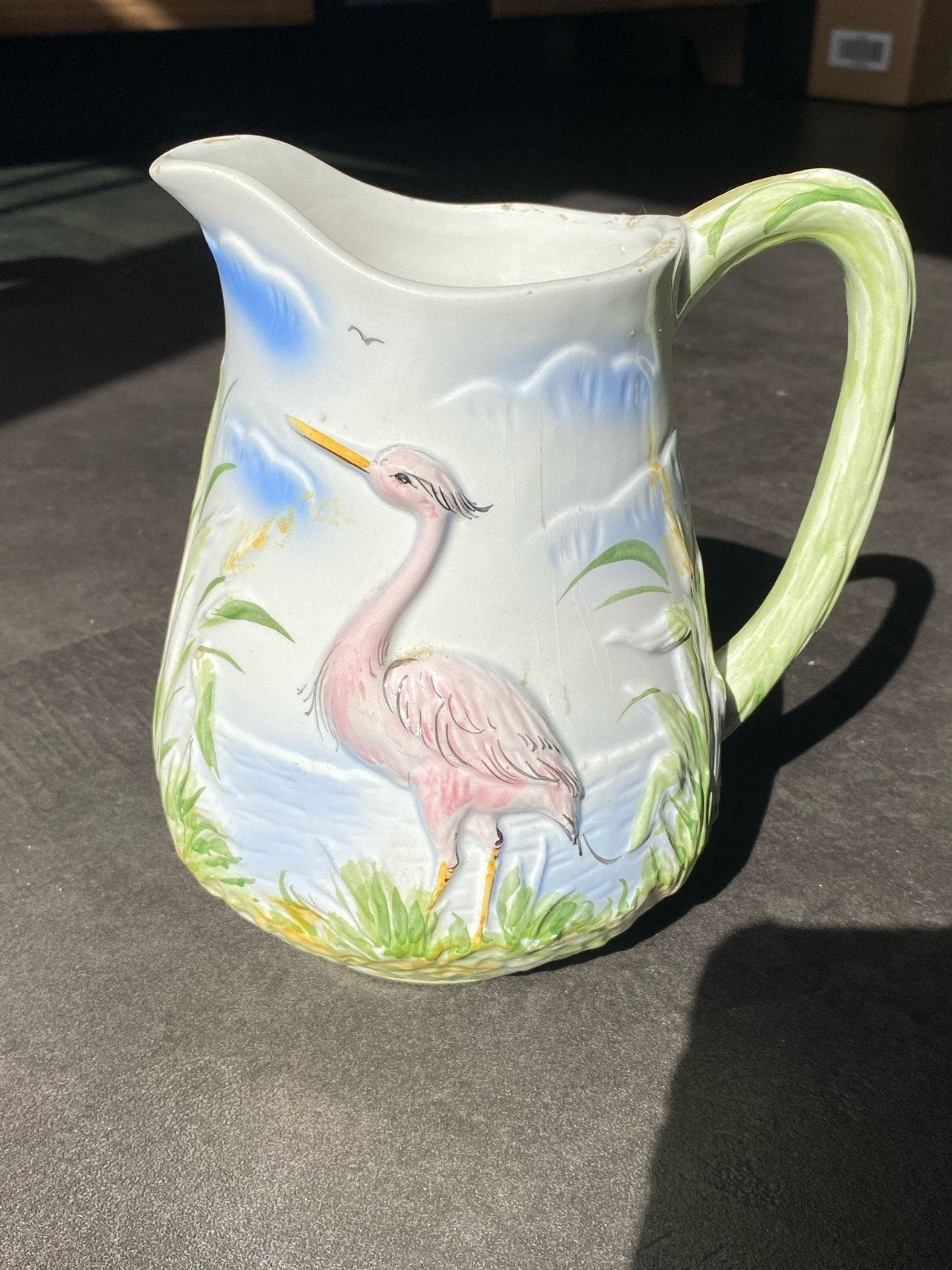 Barbotine Vaas met Reiger en Riet - 19,5 cm hoog, Ophalen of Verzenden