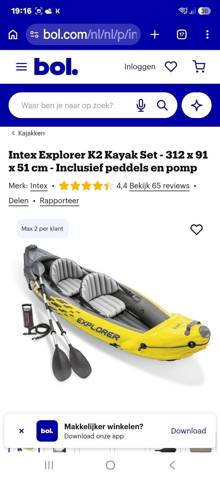 Intex Explorer K2 Kayak- Gereserveerd, Watersport en Boten, Ophalen, Gebruikt, Twee personen, Kajak