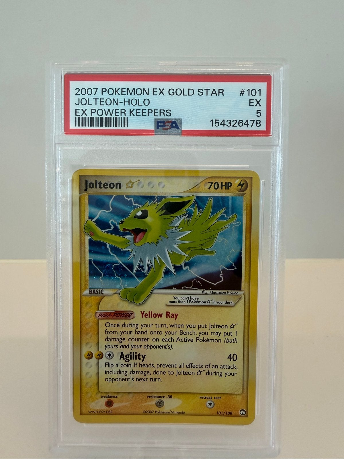 Jolteon Gold Star EX Power Keepers PSA 5 Pokémon Kaart, Ophalen of Verzenden, Gebruikt, Losse kaart