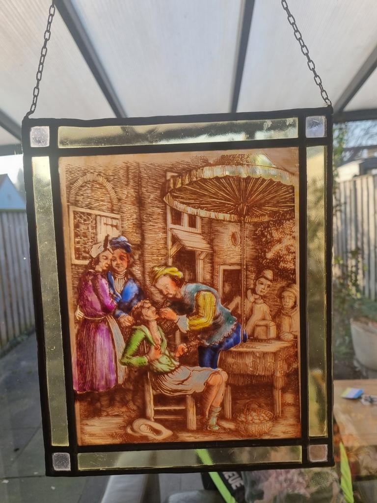 Glas-in-lood raamhanger met historische scène, Antiek en Kunst, Kunst | Schilderijen | Klassiek, Ophalen of Verzenden