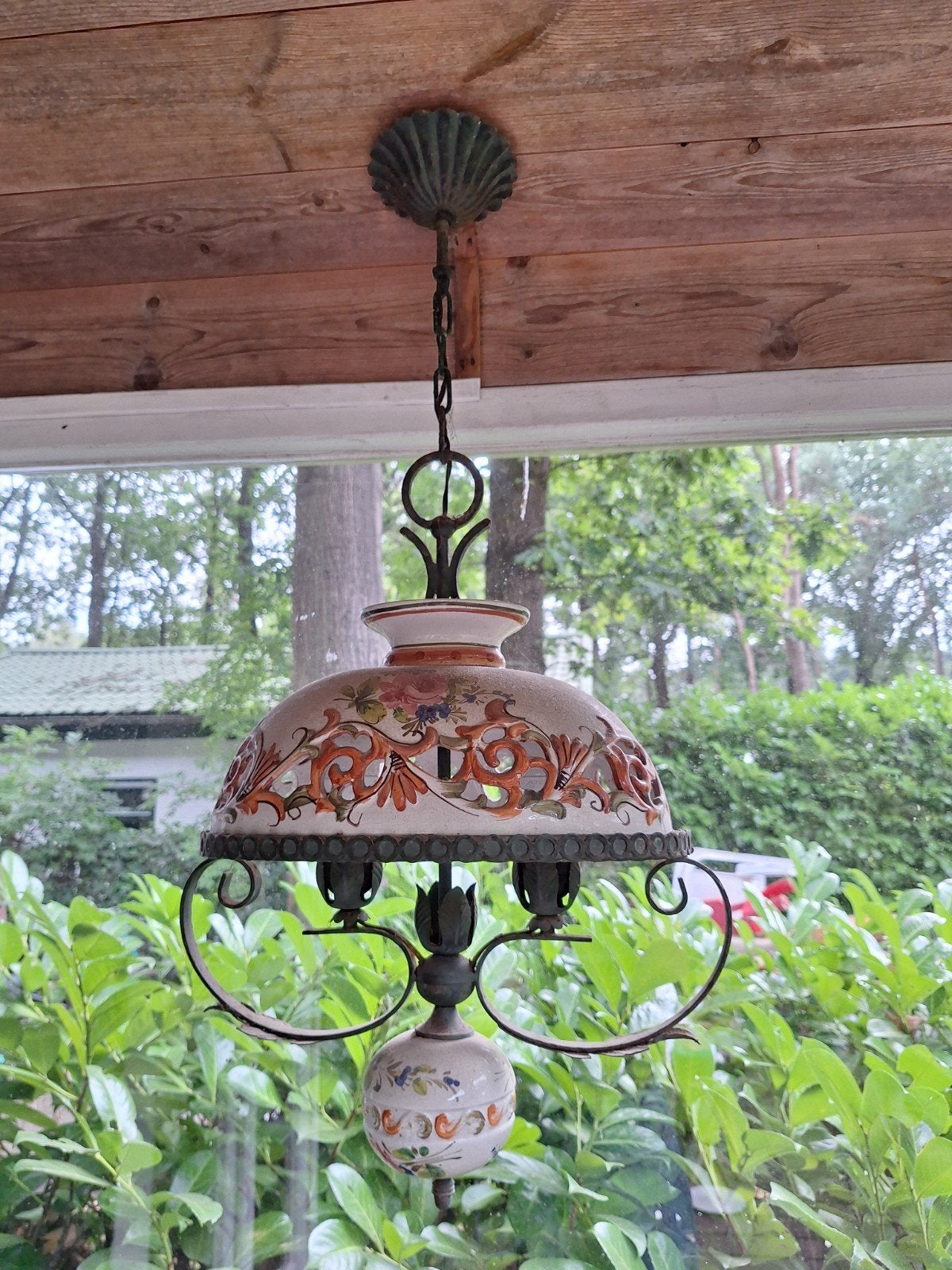 Vintage Hanglamp met Keramische Kap en Bloemmotief, Antiek en Kunst, Ophalen