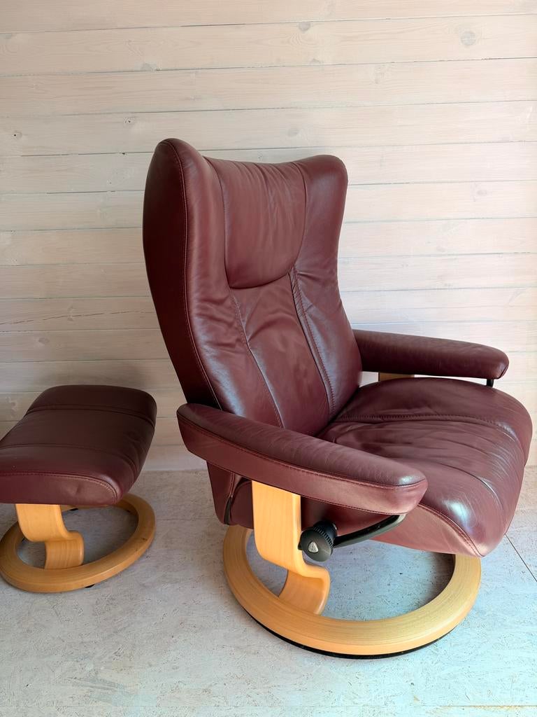 Stressless donker rode relax fauteuil, Ophalen, Zo goed als nieuw, 50 tot 75 cm, Leer
