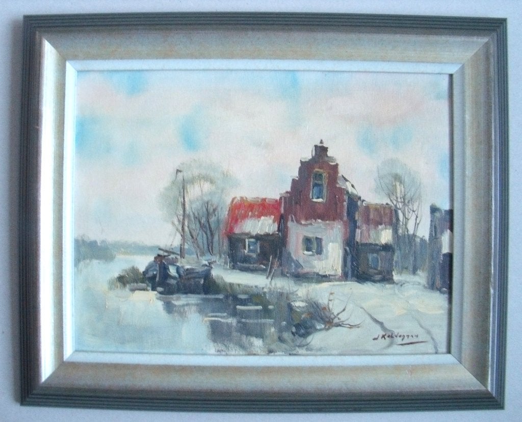 Jan Kelderman (1914-1990) - Boerenhoeve aan sloot - olieverf, Ophalen of Verzenden