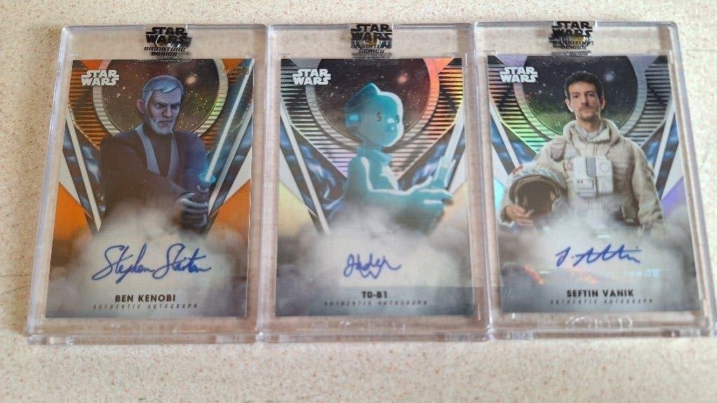 3 star wars trading cards Gesigneerd en mint. oa Ben Kenobi, Verzamelen, Ophalen of Verzenden, Zo goed als nieuw, Overige typen