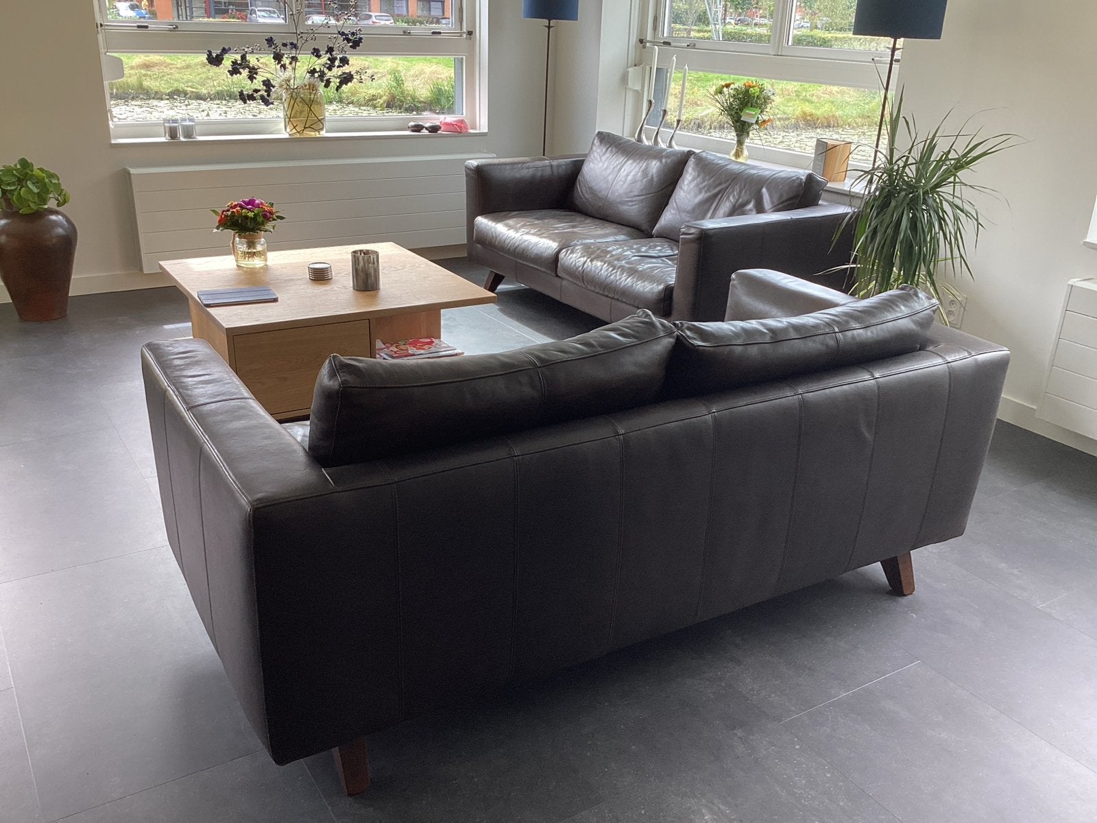 Leren bankstel - 2 x 2,5 zits, Huis en Inrichting, Ophalen, Gebruikt, Minder dan 75 cm, Driepersoons