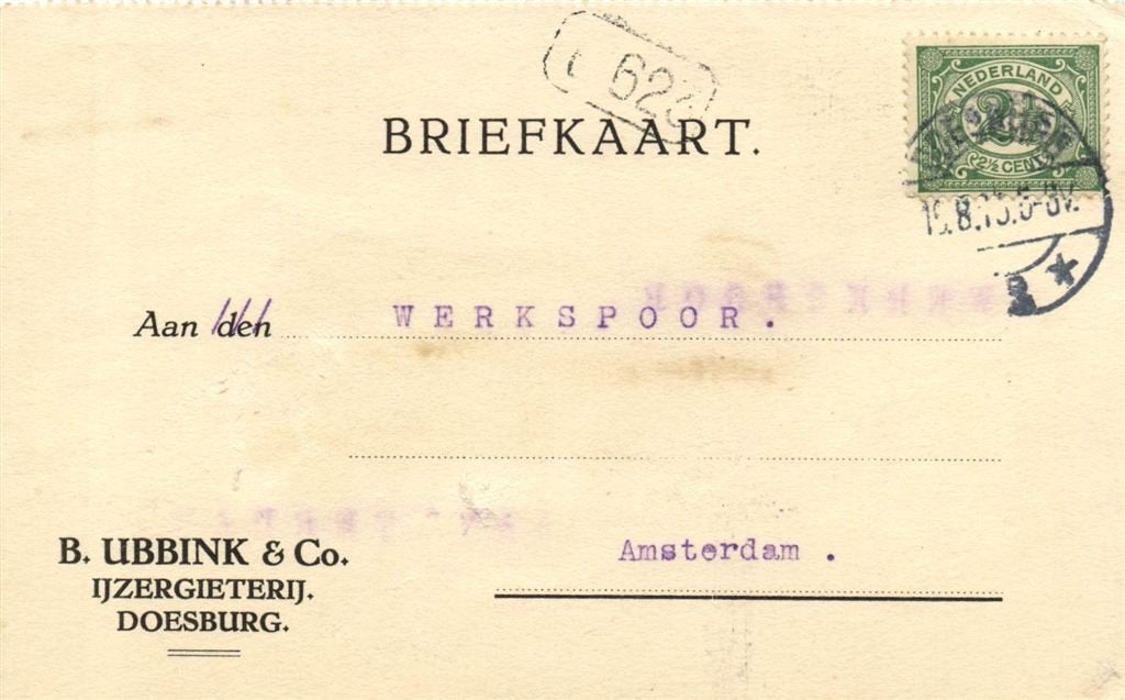 B. Ubbink + Co., IJzergieterij, Doesburg - 08.1915 - briefka, Ophalen of Verzenden, Briefkaart