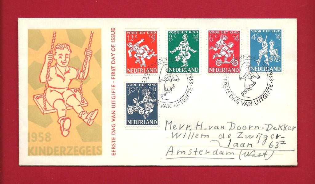 1958 Kinderzegels FDC E36 met gesloten klep e2, Verzenden, Beschreven, Nederland