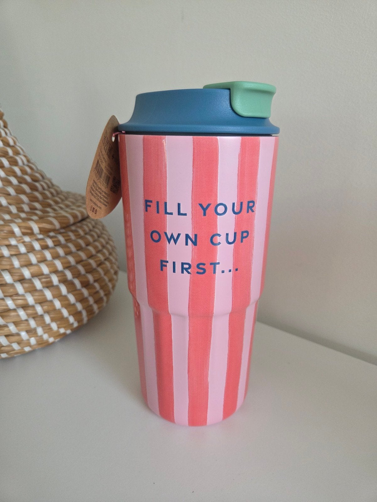 Nieuwe Rice Thermo Cup - Roze gestreept, RVS., Overige typen, Nieuw, Ophalen of Verzenden, Roze
