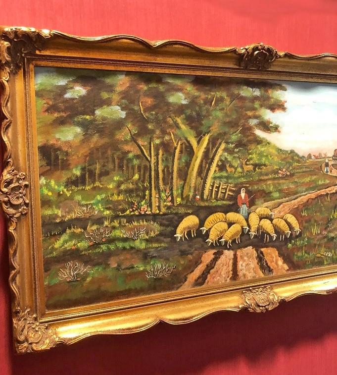 Gesigneerd schilderij landschap; boerderij / boerin, Antiek en Kunst, Kunst | Schilderijen | Klassiek, Ophalen of Verzenden