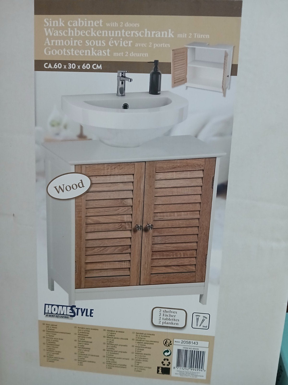 Homestyle Gootsteenkast met 2 deuren, nieuw in doos, Nieuw, Minder dan 100 cm, Wastafelkast, 25 tot 50 cm