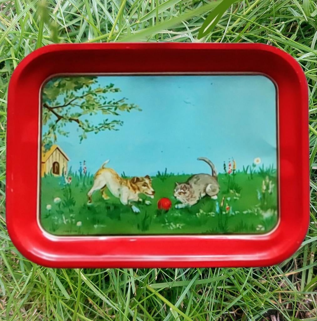 Blikken dienblad jaren 50 kat & hond antiek vintage, Ophalen of Verzenden
