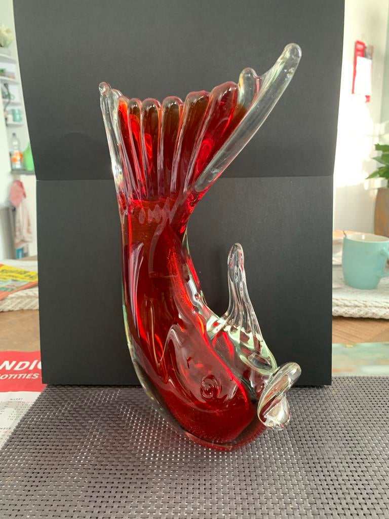 Glazen vis sculptuur, rood en helder glas, Antiek en Kunst, Kunst | Designobjecten, Ophalen of Verzenden