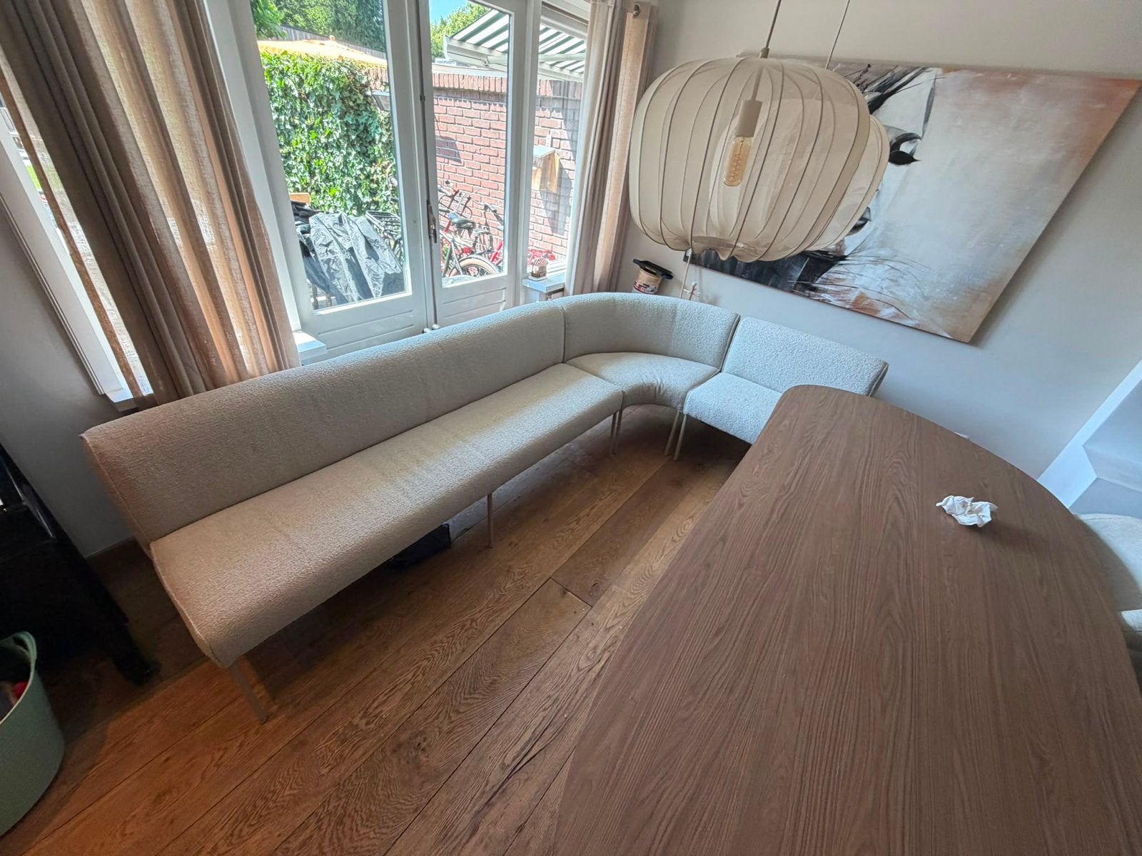 Luxe eetkamerbank - Hoekbank in crème stof, Huis en Inrichting, Banken | Bankstellen, Ophalen, 250 tot 300 cm, Hoekbank, 75 tot 100 cm