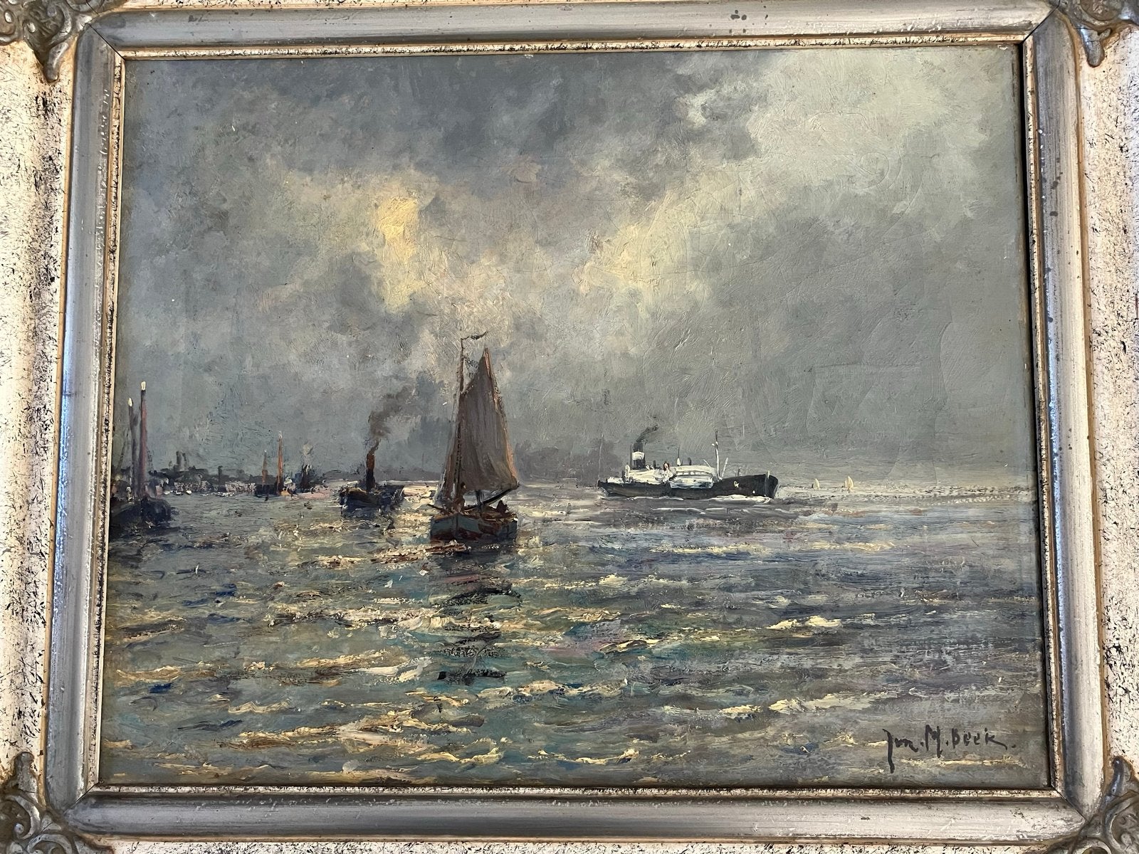 Maritiem schilderij van J.M. Beek - Olieverf op doek, Maritiem / water, Doek, Realistisch, Ophalen of Verzenden