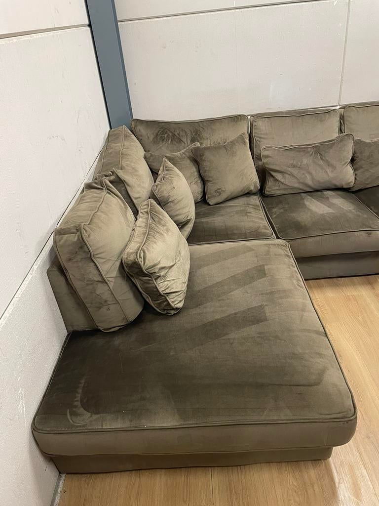 luxe suede velvet velours taupe bruin hoekbank GEREINIGD!!!, Huis en Inrichting, Banken | Bankstellen, Ophalen, 250 tot 300 cm