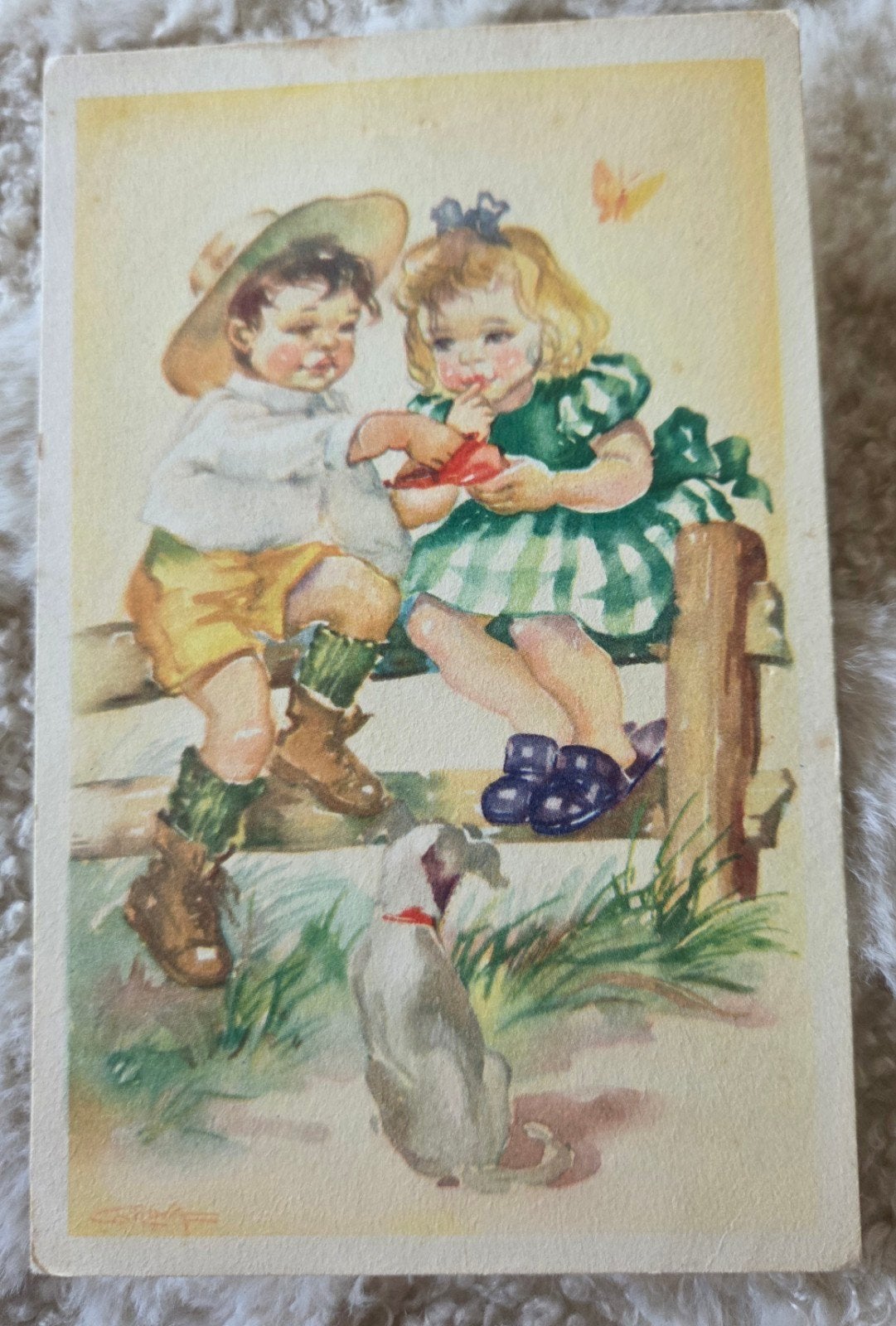 Kinderen op Hek met Hond, Verzenden, 1940 tot 1960, Ongelopen, Kinderen