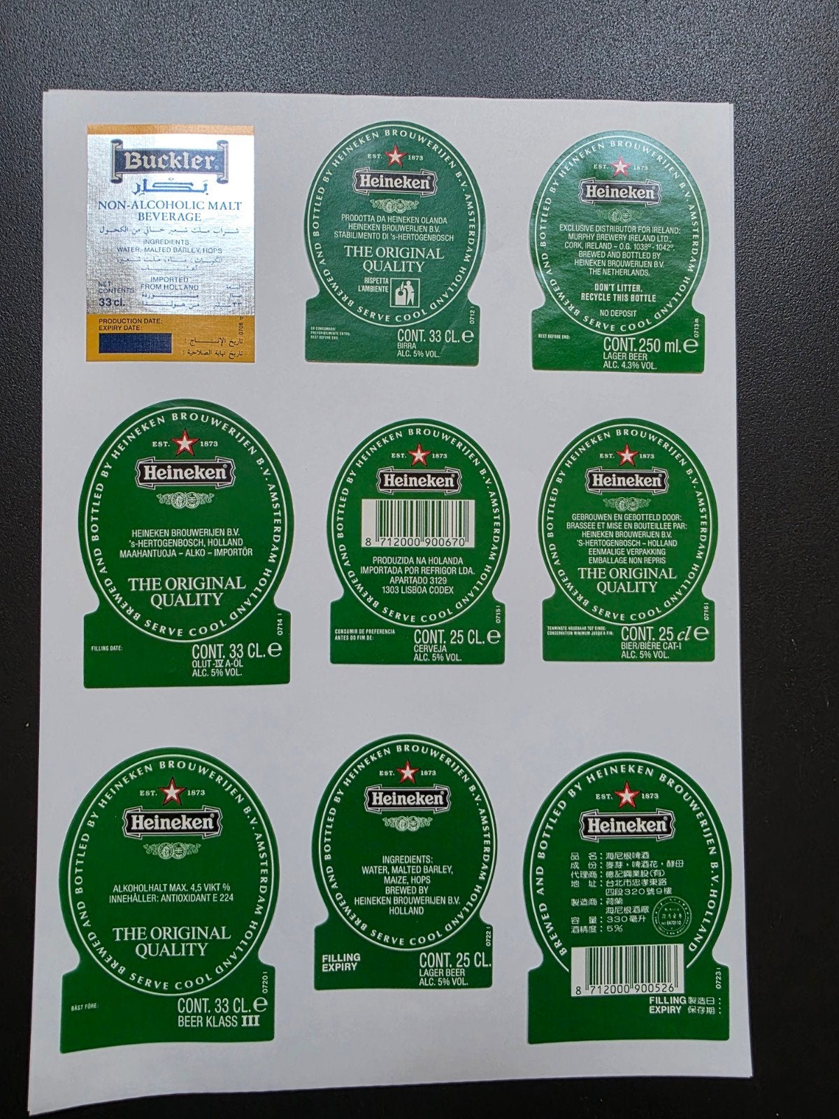 130) 9 RUGETIKETTEN HEINEKEN BIER, Verzamelen, Biermerken, Verzenden, Zo goed als nieuw, Overige typen, Heineken