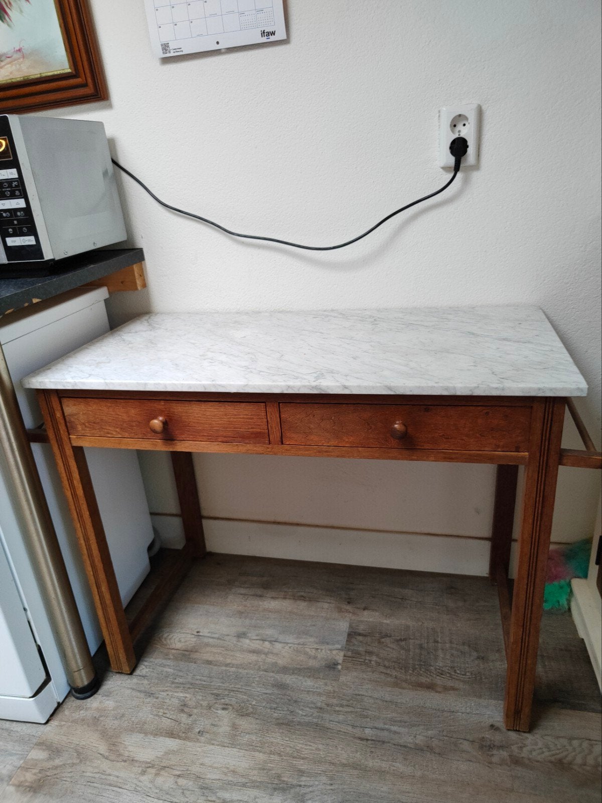 Oud eiken wastafel frame met massief marmeren blad, Ophalen