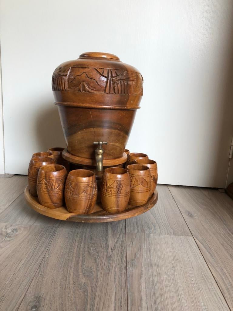 Houten Drankdispenser met 8 Bekers en Dienblad, Ophalen of Verzenden