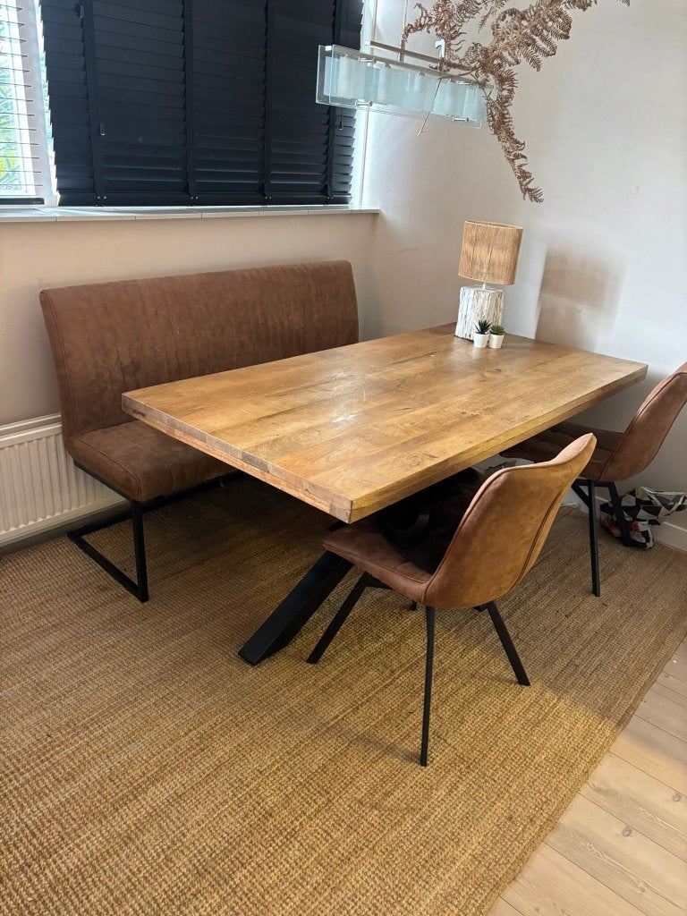 Mangohout eettafel met stoelen en bank, 30-5-2026 ophalen!!!, Ophalen, Gebruikt, Mangohout, 50 tot 100 cm