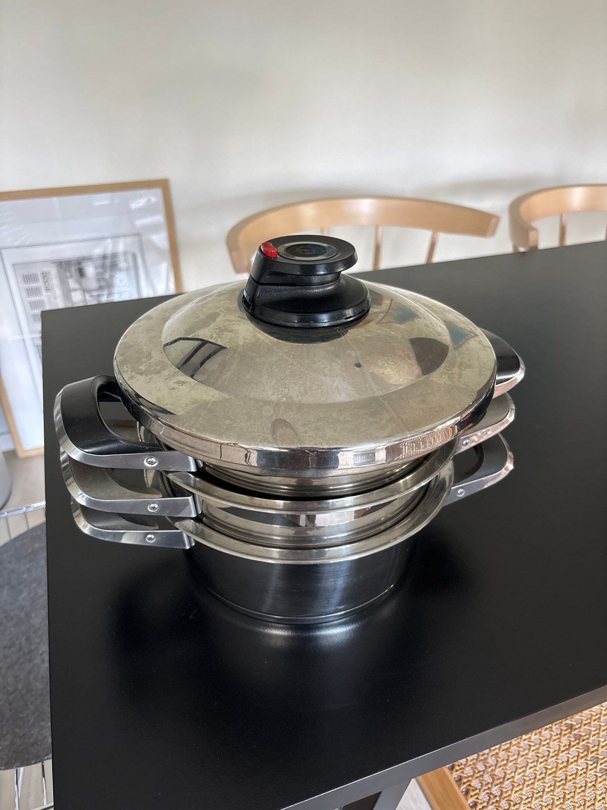 AMC Secuquick Pannenset 23cm - 3 pannen + snelkookdeksel, Gebruikt, Met deksel, Pannenset, Ophalen of Verzenden