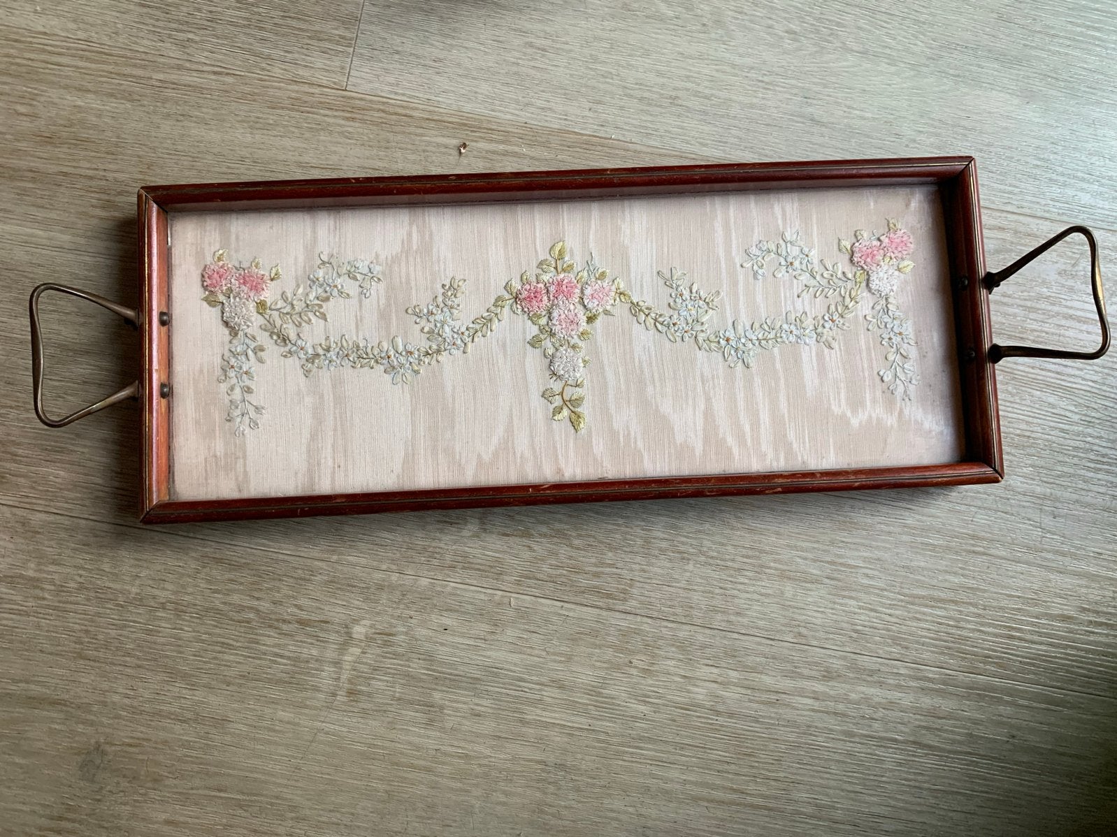 Vintage geborduurd bloemenpaneel in houten lijst, Ophalen of Verzenden