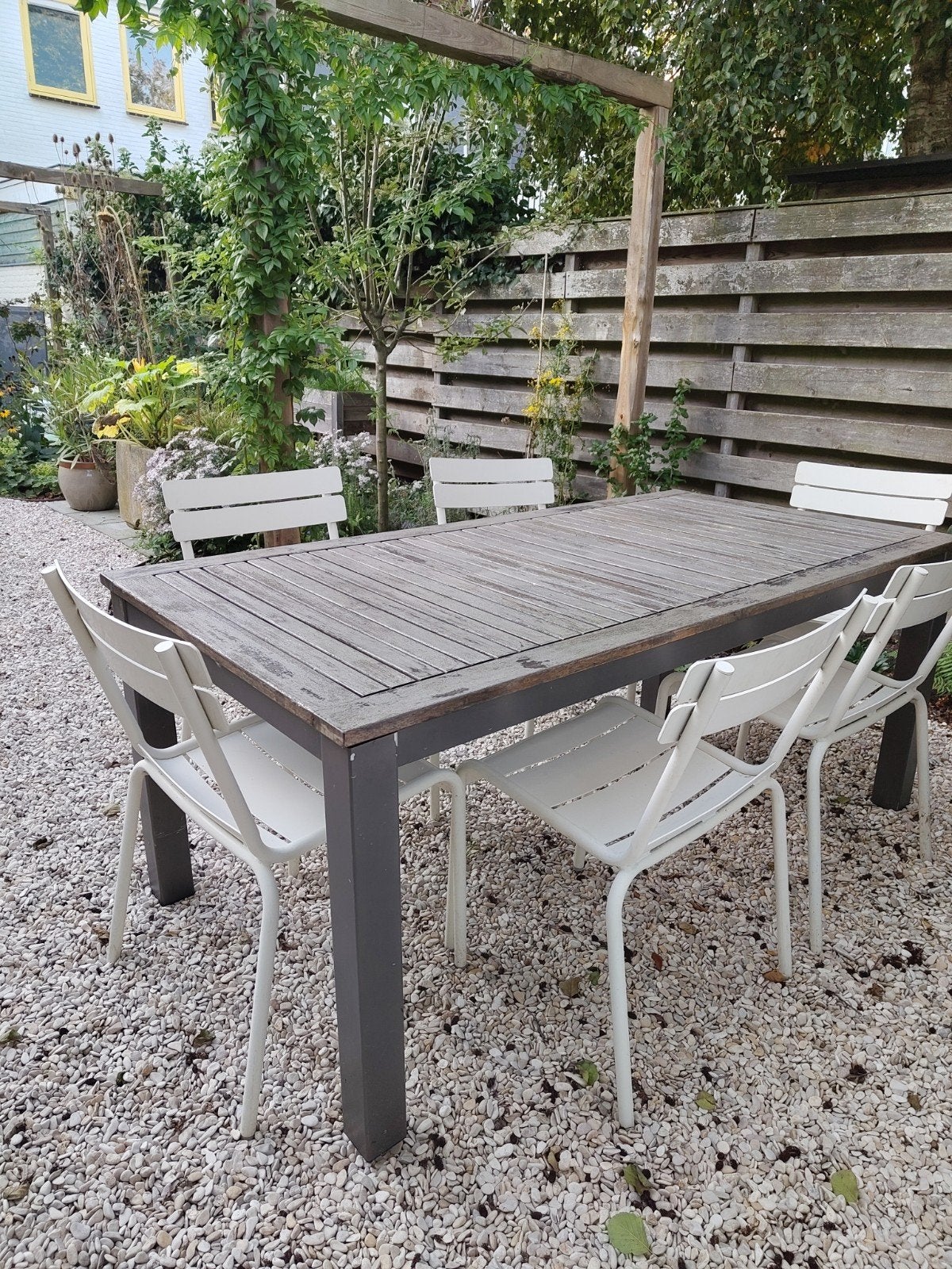 tuintafel 18090  aluminium/teak en zes stoelen met teak bla, Ophalen, Gebruikt, Aluminium, 6 zitplaatsen