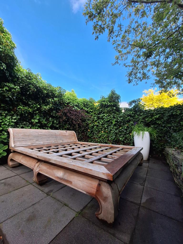 Teakhouten opium tuinbed met hoofdbord, Ophalen, Gebruikt, Hout