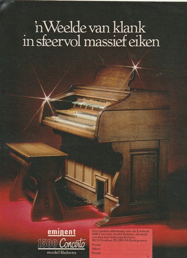 Retro reclame 1979 Eminent 1500 Concerto orgel sfeervol eik, Verzenden, Overige typen